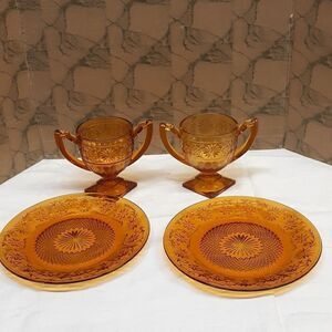 4 pc bundle Indian glass amber daisy pattern -sugar bowls and salad plates.